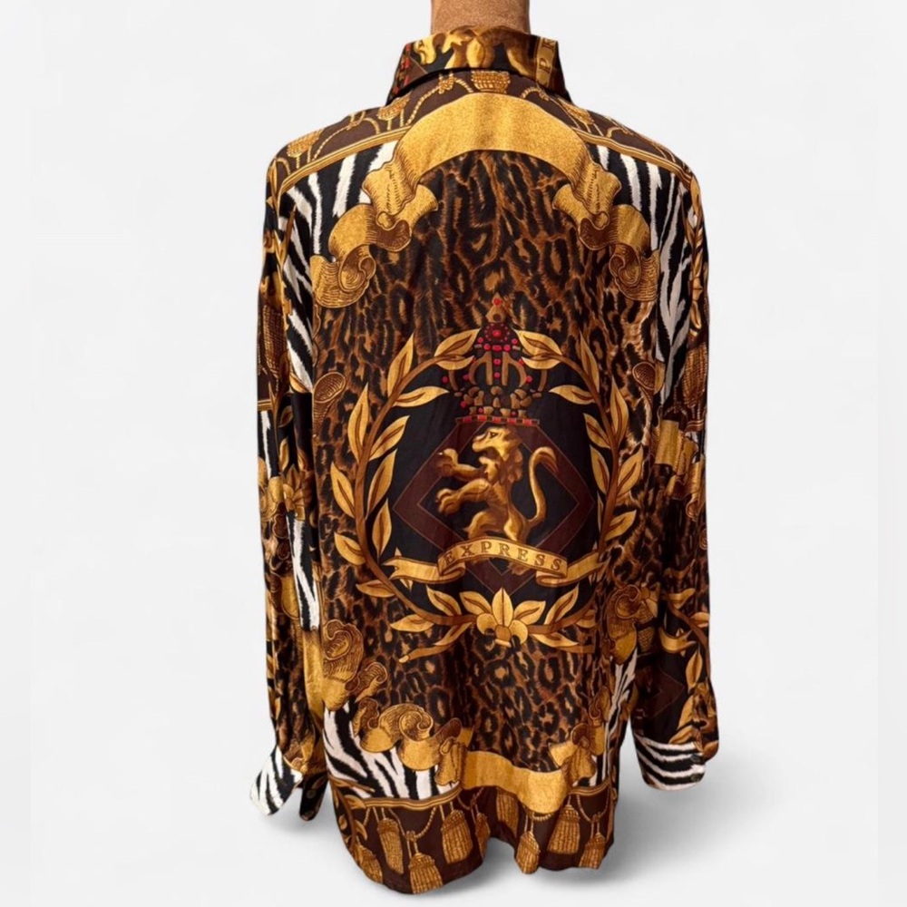 Express Women's Brown Gold Lion Logo Button Down baroque equestrian regency